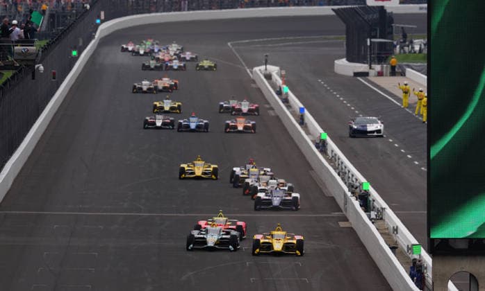 INDIANAPOLIS, IN - MAY 24: IndyCar, Indy Car, IRL, USA driver Alex Palou (10) leads the field for the start of the 110th Running of the Indianapolis 500 on May 24, 2026, at the Indianapolis Motor Speedway in Indianapolis, Indiana. (Photo by Brian Spurlock Icon Sportswire) AUTO: MAY 24 NTT IndyCar Series Indianapolis 500 presented by Gainbridge EDITORIAL USE ONLY Icon26052450050