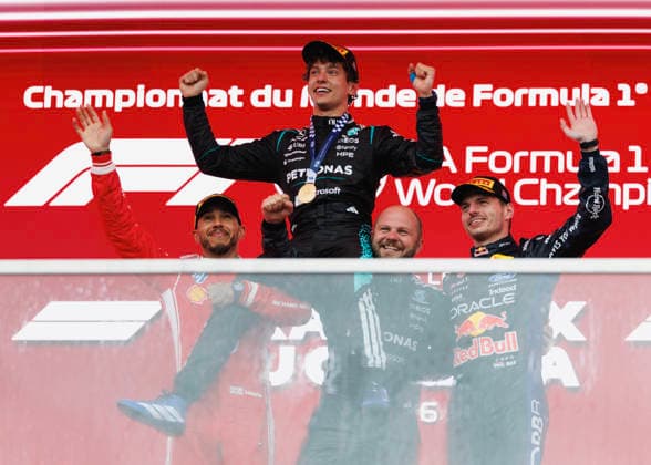 May 24, 2026, Montreal, Quebec, Canada: Race winner Andrea Kimi Antonelli of Italy and Mercedes AMG Petronas F1 Team Second placed Lewis Hamilton of Great Britain and Scuderia Ferrari Third placed Max Verstappen of the Netherlands and Oracle Red Bull Racing and Dean Hale, Senior Race Team Composite Technician at Mercedes AMG Petronas F1 Team celebrate on the podium during the F1 Grand Prix of Canada at Circuit Gilles-Villeneuve on May 24, 2026 in Montreal, Quebec Montreal Canada - ZUMAc132 20260524_fap_c132_013 Copyright: xAndrewxChinx