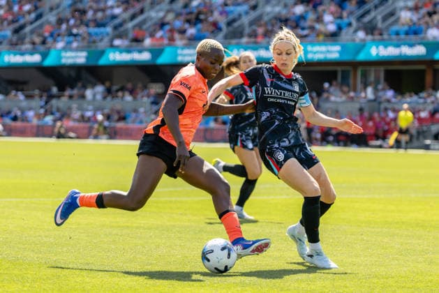 SAN JOSE, CA - MAY 24: Racheal Kundananji 9 of Bay FC controls the ball against Kathrin Hendrich 6 of Chicago Stars FC during a match on May 24, 2026 at PayPal Park in San Jose, CA. (Photo by Matthew Huang Icon Sportswire) SOCCER: MAY 24 NWSL Bay FC vs Chicago Stars EDITORIAL USE ONLY Icon260524015