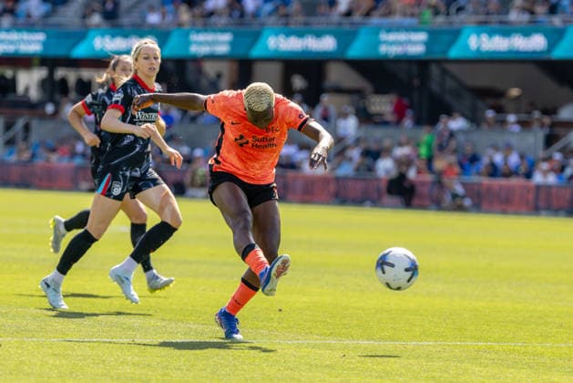 SAN JOSE, CA - MAY 24: Racheal Kundananji 9 of Bay FC takes a shot on goal during a match against Chicago Stars FC on May 24, 2026 at PayPal Park in San Jose, CA. (Photo by Matthew Huang Icon Sportswire) SOCCER: MAY 24 NWSL Bay FC vs Chicago Stars EDITORIAL USE ONLY Icon260524017