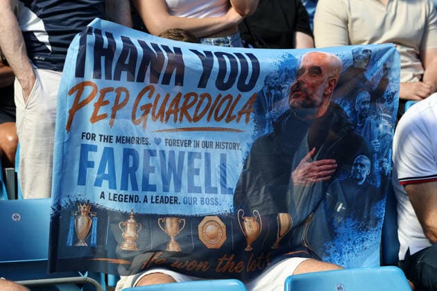 24th May 2026; Etihad Stadium, Manchester, Lancashire, England; Premier League Football, Manchester City versus Aston Villa; a supporter hold up a banner of appreciation for Manchester City manager Pep Guardiola DavidxBlunsden