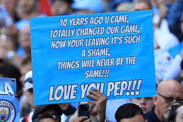 24th May 2026; Etihad Stadium, Manchester, Lancashire, England; Premier League Football, Manchester City versus Aston Villa; a fan holds up a banner of appreciation for Manchester City manager Pep Guardiola DavidxBlunsden
