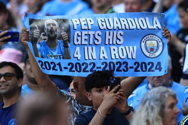24th May 2026; Etihad Stadium, Manchester, Lancashire, England; Premier League Football, Manchester City versus Aston Villa; a fan holds up a banner celebrating Manchester City manager Pep Guardiola four consecutive Premier League wins DavidxBlunsden