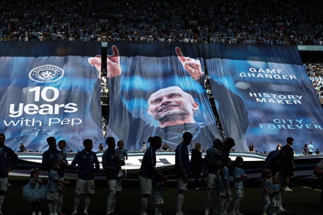 24th May 2026; Etihad Stadium, Manchester, Lancashire, England; Premier League Football, Manchester City versus Aston Villa; a tiff celebrating Manchester City manager Pep Guardiola is displayed before the kick off DavidxBlunsden