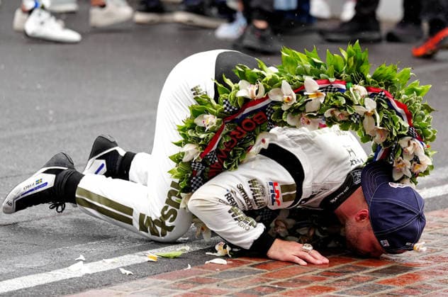 INDIANAPOLIS, IN - MAY 24: IndyCar, Indy Car, IRL, USA driver Felix Rosenqvist kisses the yard of bricks after winning the 110th Running of the Indianapolis 500 on May 24, 2026, at the Indianapolis Motor Speedway in Indianapolis, Indiana. (Photo by Brian Spurlock Icon Sportswire) AUTO: MAY 24 NTT IndyCar Series Indianapolis 500 presented by Gainbridge EDITORIAL USE ONLY Icon26052450060