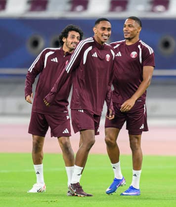 Qatar national team, Nationalteam Training session For FIFA World Cup, WM, Weltmeisterschaft, Fussball 2026 Qatar national team players Ahmed Al Janehi (L) Ray yan Al Ali (C) and Pedro Miguel (R) during the final local training session at Khalifa International Stadium in Doha, Qatar, on May 24, 2026, as the squad completes its final preparations on home soil ahead of the FIFA World Cup 2026. Qatar will play friendly matches against the Republic of Ireland and El Salvador as part of its build-up to the tournament. DOHA Qatar Copyright: xNOUSHADx