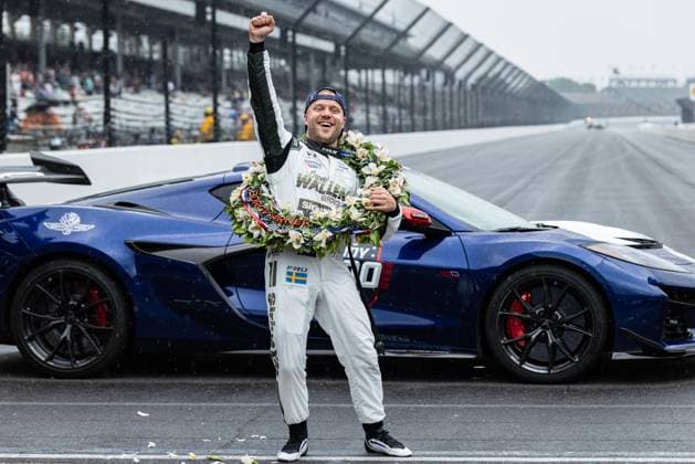 May 24, 2026, Speedway, Indiana, USA: FELIX ROSENQVIST, driver of the No. 60 Honda for Meyer Shank Racing w Curb Agajanian, celebrates after winning the 110th Indianapolis 500 at Indianapolis Motor Speedway. Speedway USA - ZUMAw173 20260524_zsp_w173_020 Copyright: xLukexWelshx