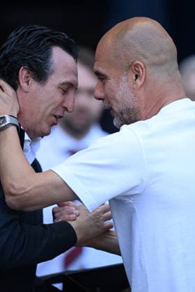 Manchester City v Aston Villa, Premier League Pep Guardiola, head coach of Manchester City, Unai Emery, head coach of Aston Villa, interact during the Manchester City v Aston Villa Premier League match at the Etihad Stadium, Manchester, England on 24 May 2026 Credit: Ben Roberts Every Second Media Editorial use only. All images are copyright Every Second Media Limited. No images may be reproduced without prior permission. All rights reserved. Premier League and Football League images are subject to licensing agreements with Football DataCo Limited. see https: www.football-dataco.com Copyright: xIMAGO EveryxSecondxMediax ESM-2008-0135 BenxRobertsx xEveryxSecondxMediax