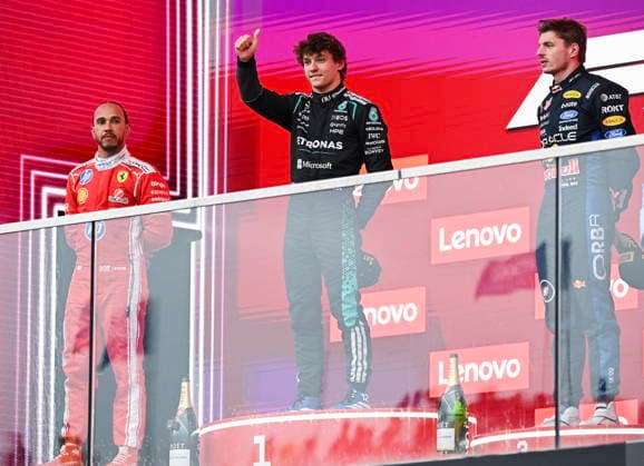 May 24, 2026, Montreal, Qc, CANADA: First place finisher Mercedes driver Kimi Antonelli of Italy, flanked by second place finisher Ferrari driver Lewis Hamilton, of the United Kingdom, and third place finisher Red Bull Racing driver Max Verstappen of the Netherlands following Formula One auto racing Canadian Grand Prix in Montreal on Sunday, May 24, 2026. Canada News - May 24, 2026 - ZUMAc35_ 20260524_zaf_c35_109 Copyright: xGrahamxHughesx