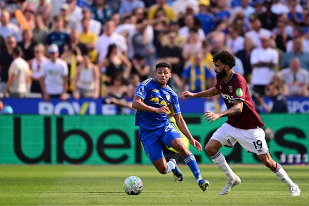 West Ham United v Leeds United, Premier League Leeds United defender James Justin (24) and West Ham United forward Pablo (19) during the Premier League match between West Ham United and Leeds United at the London Stadium, London, UK, on 24 May 2026. London London Stadium UK Editorial use only DataCo restrictions apply See www.football-dataco.com , Copyright: xPaulxBockingx PSI-24301-0098