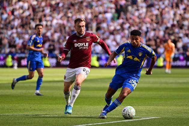 West Ham United v Leeds United, Premier League West Ham United forward Jarrod Bowen (20) and Leeds United defender James Justin (24) during the Premier League match between West Ham United and Leeds United at the London Stadium, London, UK, on 24 May 2026. London London Stadium UK Editorial use only DataCo restrictions apply See www.football-dataco.com , Copyright: xPaulxBockingx PSI-24301-0115