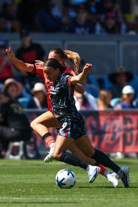 SAN JOSE, CA - MAY 24: Chicago Stars FC forward Mallory Swanson (9) trips going for the ball during a NWSL match between the Chicago Stars FC and the Bay FC on May 24, 2026 at PayPal Park in San Jose, CA. (Photo by Trinity Machan Icon Sportswire) SOCCER: MAY 24 NWSL Bay FC vs Chicago Stars EDITORIAL USE ONLY Icon2605242284