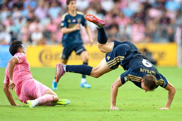 May 24, 2026, Miami, Florida, USA: Inter Miami defender GONZALO LUJAN (2) and Philadelphia Union forward BRUNO DAMIANI (9) clash during a Major League Soccer match between Inter Miami CF and Philadelphia Union at NU Stadium inMiami. Miami USA - ZUMAa257 20260524_zsp_a257_005 Copyright: xChrisxArjoonx