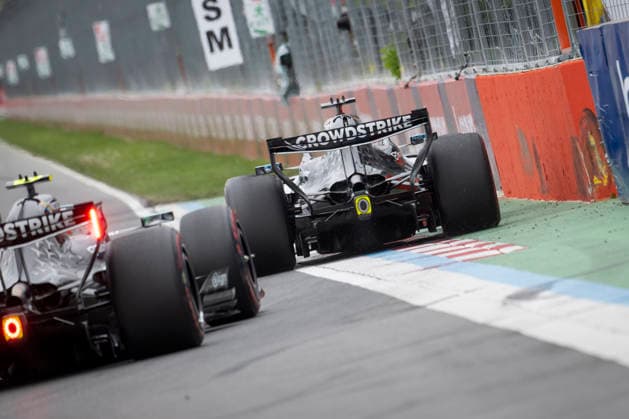 May 24, 2026, Montreal, Canada: GEORGE RUSSELL (GBR) of Mercedes-AMG 63 and KIMI ANTONELLI (ITA) of Mercedes-AMG 12 fighting for the lead while turning into towards the wall of champions during the 2026 Formula 1 Canadian Grand Prix. Montreal Canada - ZUMAb177 20260524_aap_b177_042 Copyright: xTaidghxBarronx