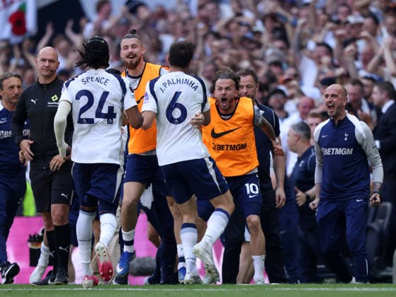 Spurs celebrate after Joao Palhinha (TH) scored the first Spurs goal (1-0) at the Tottenham Hotspur v Everton EPL match, at the Tottenham Hotspur Stadium, London, UK on 24th May, 2026. 