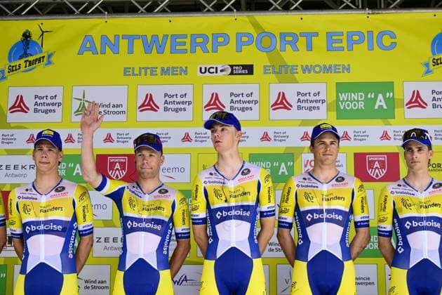 Belgian Jules Hesters of Team Flanders-Baloise (2L) pictured ahead of the Antwerp Port Epic men s elite one day cycling race, 196,4 km in and around Antwerp, Monday 25 May 2026. TOM GOYVAERTS TomxGoyvaerts  x174988698x