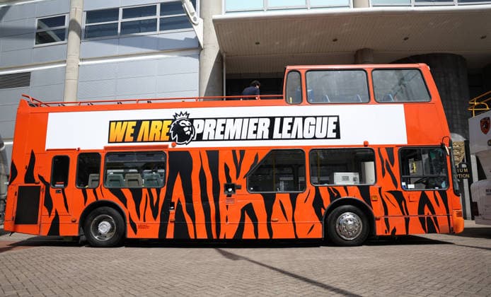 Hull Bus Parade General view of We Are Premier League written on one of the open top buses outside the MKM Stadium before the Hull City Bus Parade on the streets of Hull, England after being promoted to the Premier League in the Sky Bet Championship Play-Off Final on Saturday 23rd May 2026. 25 05 2026 UK Newspapers OUT Copyright: xAndyxSumnerx FIL-23472-0004