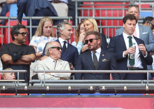 Salford City consortium Members David Beckham and Lord Mervyn Davies Notts County v Salford City, EFL Sky Bet League Two, Play-Off Final, Football, Wembley Stadium, London, UK - 25 May 2026London Wembley Stadium United Kingdom EDITORIAL USE ONLY No use with unauthorised audio, video, data, fixture lists, club league logos or live services. Online in-match use limited to 120 images, no video emulation. No use in betting, games or single club league player publications. Copyright: xAndrewxFosker Shutterstockx 16889937v