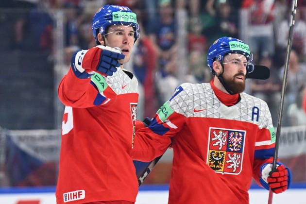 From left Jaroslav Chmelar and Filip Hronek of Czech Republic celebrate a goal during the IIHF World Championship, WM, Weltmeisterschaft Group B match Czech Republic vs Norway on May 25, 2026, Fribourg, Switzerland. (CTKxPhoto RadekxPetrasek) CTKPhotoP2026052505524  CTKPhotoP2026052505524