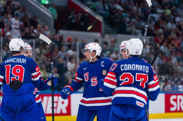ZURICH, SWITZERLAND - MAY 25: Justin Faulk (United States, 72) during his 4:0 goal celebration during the Preliminary Round - Group A Match 47 between United States and Hungary at the IIHF Ice hockey, Eishockey World Championship, WM, Weltmeisterschaft 2026, Swiss Life Arena on May 25, 2026 in Zurich, Switzerland. Zurich Switzerland Copyright: xTimoxSteinx