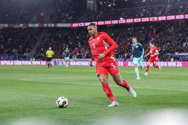 Fußball Länderspiel Schweiz - Deutschland am 27.03.2026 im St. Jakob-Park in Basel Manuel Akanji ( Schweiz ) *** International soccer match Switzerland Germany on 27 03 2026 at St Jakob Park in Basel Manuel Akanji Switzerland xJRx