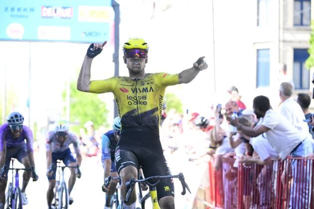 Norwegian Per Strand Hagenes of Team Visma-Lease a Bike and pictured crossing the finish line of the Antwerp Port Epic men s elite one day cycling race, 196,4 km in and around Antwerp, Monday 25 May 2026. TOM GOYVAERTS TomxGoyvaerts  x175024319x