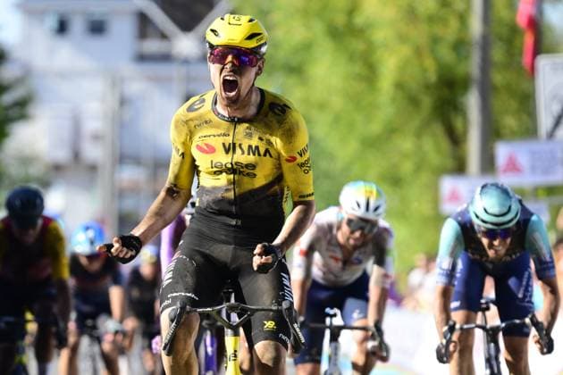 Norwegian Per Strand Hagenes of Team Visma-Lease a Bike and pictured crossing the finish line of the Antwerp Port Epic men s elite one day cycling race, 196,4 km in and around Antwerp, Monday 25 May 2026. TOM GOYVAERTS TomxGoyvaerts  x175024883x