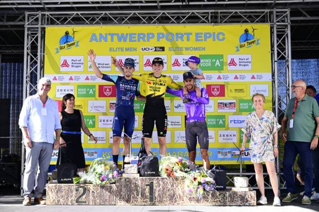 Norwegian Per Strand Hagenes of Team Visma-Lease a Bike, Spanish Pau Miquel Delgado of Bahrain Victorious and Belgian Dries De Bondt of Team Jayco-AIUIa pictured on the podium after the Antwerp Port Epic men s elite one day cycling race, 196,4 km in and around Antwerp, Monday 25 May 2026. TOM GOYVAERTS TomxGoyvaerts  x175026853x