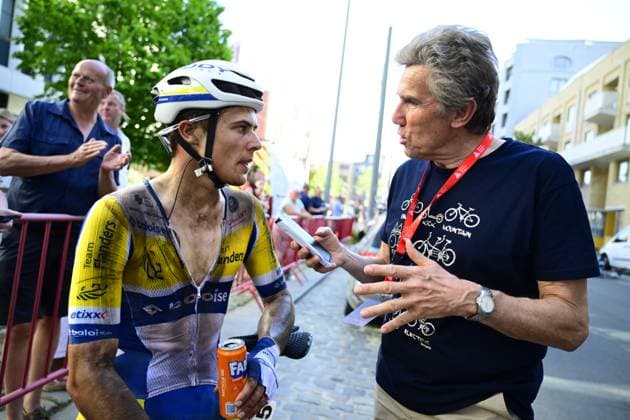Norwegian Per Strand Hagenes of Team Visma-Lease a Bike and pictured talking to the press after winning the Antwerp Port Epic men s elite one day cycling race, 196,4 km in and around Antwerp, Monday 25 May 2026. TOM GOYVAERTS TomxGoyvaerts  x175026973x