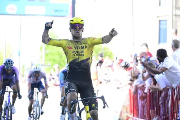 Norwegian Per Strand Hagenes of Team Visma-Lease a Bike and pictured crossing the finish line of the Antwerp Port Epic men s elite one day cycling race, 196,4 km in and around Antwerp, Monday 25 May 2026. TOM GOYVAERTS TomxGoyvaerts  x175027633x