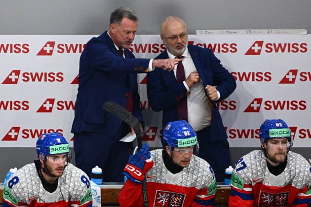 Czech coach Radim Rulik, left, and his assistant Jiri Kalous during the IIHF World Championship, WM, Weltmeisterschaft Group B match Czech Republic vs Norway on May 25, 2026, Fribourg, Switzerland. (CTKxPhoto RadekxPetrasek) CTKPhotoP2026052506034  CTKPhotoP2026052506034