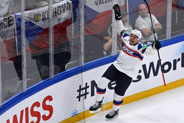 Martin Ronnild of Norway celebrates a goal during the IIHF World Championship, WM, Weltmeisterschaft Group B match Czech Republic vs Norway on May 25, 2026, Fribourg, Switzerland. (CTKxPhoto RadekxPetrasek) CTKPhotoP2026052506144  CTKPhotoP2026052506144