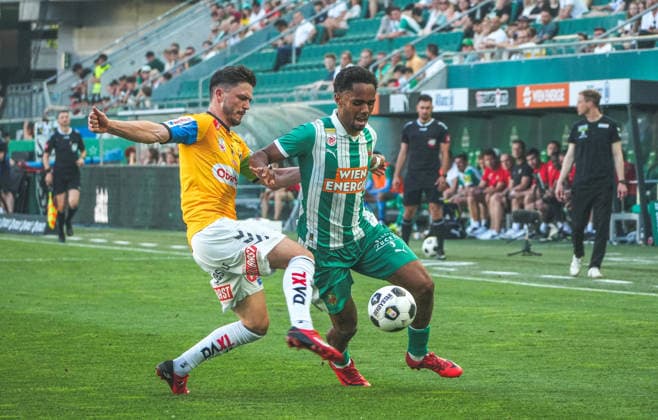 Football Austria, Admiral Bundesliga European Cup Playoff Final ECL 2025 2026, SK Rapid Vienna vs SV Oberbank Ried Allianz Stadium Weststadion, Vienna Hütteldorf Petter Nosakhare Dahl Copyright: xLukasxBierederx