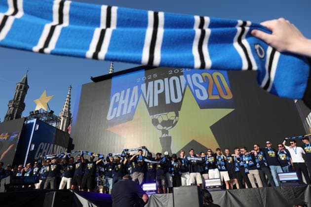 Club Brugge player s pictured during celebrations of Club Brugge after winning the 2025-2026 Jupiler Pro League first division of the Belgian championship, in Brugge, on Monday 25 May 2026. KURTxDESPLENTER  x175040053x