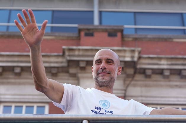 Manchester City Parade in Manchester MANCHESTER, UNITED KINGDOM - MAY 25: Manager of Manchester City Pepe Guardiola celebrates FA Cup and Carabao cup during an open-top bus parade through the streets of Manchester on 25 May 2026. Ioannis Alexopoulos Anadolu Manchester United, ManU Kingdom. Editorial use only. Please get in touch for any other usage.  Copyright: x2026xAnadoluxIoannisxAlexopoulosx