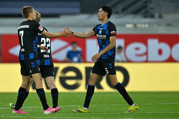 Paderborn, Home Deluxe Arena, 25 05 26, GER, Herren, Relegation, Saison 2025 2026, SC Paderborn 07 VfL Wolfsburg Bild Filip BILBIJA Paderborn jubilates after his goal to 1 1 DFL regulations prohibit any use of photographs as image sequences and or quasi video NRW Germany