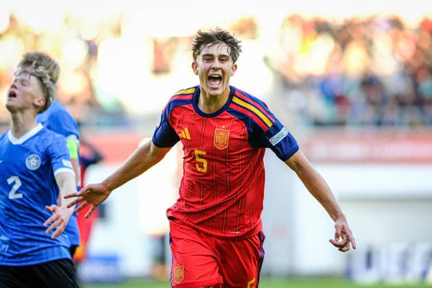 UEFA Under-17 European Championship, EM, Europameisterschaft Estonia 2026 Sergi Mayans celebrating scoring the second goal during the UEFA Under-17 European Championship Group-A match between Estonia U-17 vs Spain U-17 national teams, Tallinn Estonia 25.05.2026 Tallinn A Le Coq Arena Estonia Copyright: xMaurixLevandix
