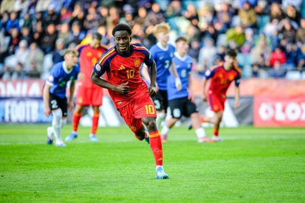 UEFA Under-17 European Championship, EM, Europameisterschaft Estonia 2026 Ebrima Tunkara after scoring the penalty during the UEFA Under-17 European Championship Group-A match between Estonia U-17 vs Spain U-17 national teams, Tallinn Estonia 25.05.2026 Tallinn A Le Coq Arena Estonia Copyright: xMaurixLevandix