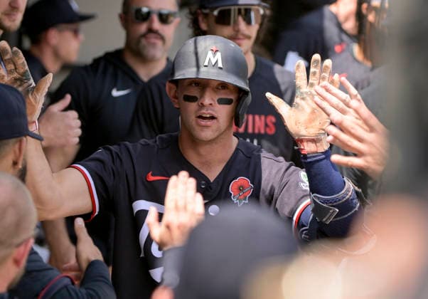 Minnesota Twins Brooks Lee (22) celebrates his solo home run against the Chicago White Sox during the first inning at Rate Field in Chicago, IL on Monday, May 25, 2026.  CHI20260525107 MARKxBLACK