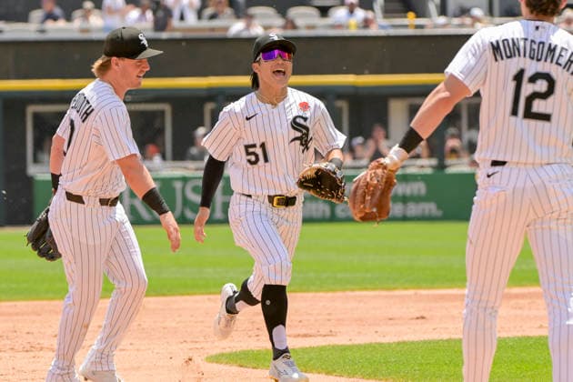 Chicago White Sox right fielder Rikuu Nishida (51) celebrates his long throw to home plate for the out on Minnesota Twins Orlando Arcia to retire the side during the second inning at Rate Field in Chicago, IL on Monday, May 25, 2026.  CHI20260525117 MARKxBLACK