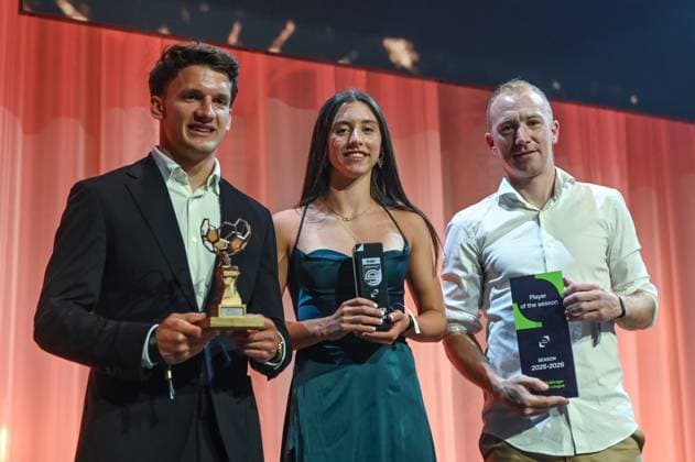 Club s Christos Tzolis, OHL Women s Aurelie Reynders and Beveren s Christian Bruls celebrate during the Pro League Awards 2026, for the best players in the 1st and 2nd divisions of the 2025-2026 Belgian soccer championships, on Monday 25 May 2026, in Antwerp. EMILExWINDAL  x175066505x