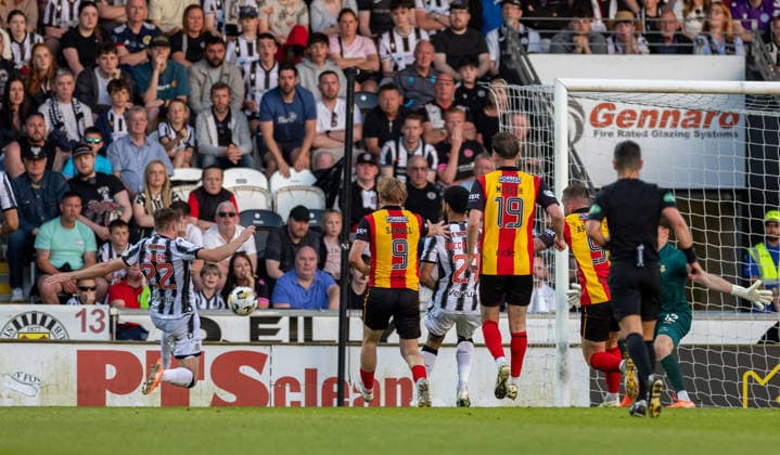 25th May 2026; SMISA Stadium, Paisley, Scotland; Scottish Championship Playoff Football, St Mirren versus Partick Thistle; Marcus Fraser of St Mirren shoots and scores in the 65th minute to make it 1-0 VagelisxGeorgariou