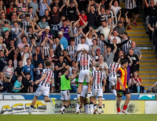 25th May 2026; SMISA Stadium, Paisley, Scotland; Scottish Championship Playoff Football, St Mirren versus Partick Thistle; Marcus Fraser of St Mirren celebrates with his team mates after he shoots and scores in the 65th minute to make it 1-0 VagelisxGeorgariou