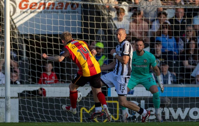 25th May 2026; SMISA Stadium, Paisley, Scotland; Scottish Championship Playoff Football, St Mirren versus Partick Thistle; Robbie Crawford of Partick Thistle shoots towards goal his effort saved by Ross Sinclair of St Mirren VagelisxGeorgariou