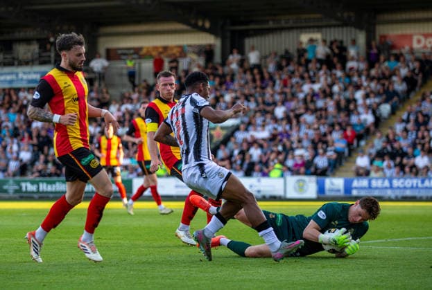 25th May 2026; SMISA Stadium, Paisley, Scotland; Scottish Championship Playoff Football, St Mirren versus Partick Thistle; Josh Clarke of Partick Thistle dives at the feet of Jayden Richardson of St Mirren VagelisxGeorgariou