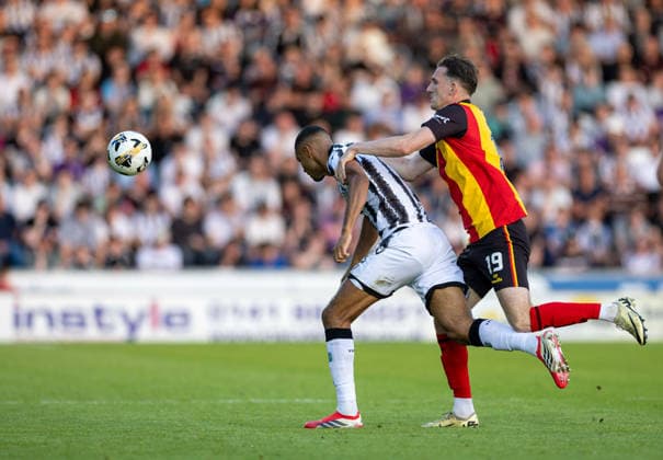 25th May 2026; SMISA Stadium, Paisley, Scotland; Scottish Championship Playoff Football, St Mirren versus Partick Thistle; Luke McBeth of Partick Thistle stops the run of Mikael Mandron of St Mirren VagelisxGeorgariou