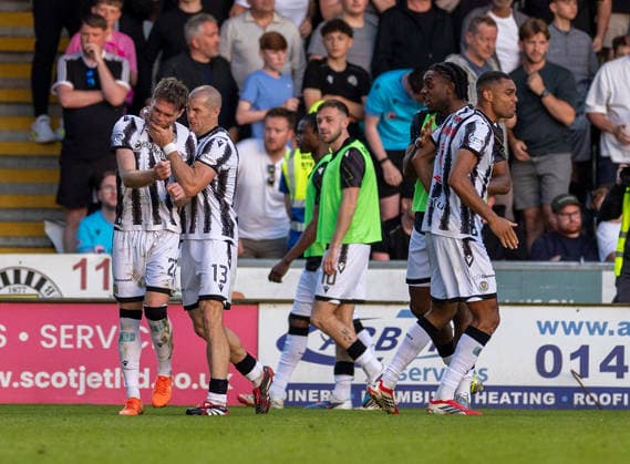 25th May 2026; SMISA Stadium, Paisley, Scotland; Scottish Championship Playoff Football, St Mirren versus Partick Thistle; Marcus Fraser of St Mirren celebrates with Alex Gogic of St Mirren after he shoots and scores in the 65th minute to make it 1-0 VagelisxGeorgariou