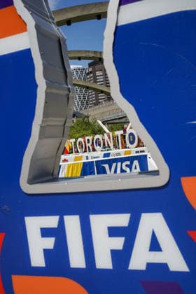 Coca-Cola FIFA World Cup, WM, Weltmeisterschaft, Fussball 26 - Trophy Tour Toronto City Hall with FIFA World Cup branding during the Coca-Cola FIFA WORLD CUP 26 - Trophy Tour at Nathan Philips Square on May 25, 2026 in Toronto, Canada. (Photo by Leonardo Ramirez Eyepix Group) Copyright: xLeonardoxRamirezx xEyepixxGroupx 05252026-07333