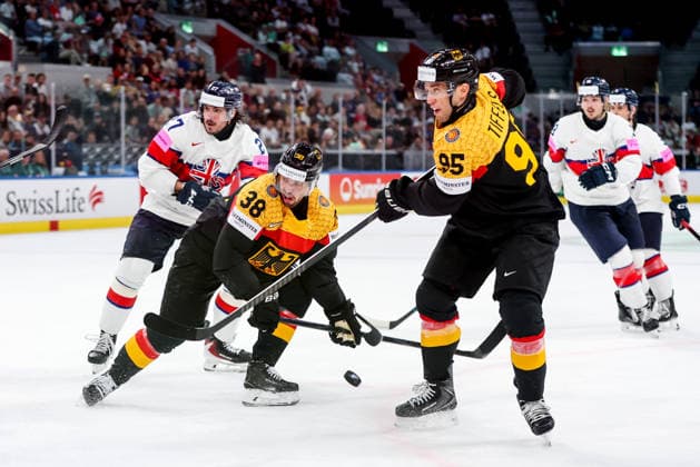 Ice hockey, Eishockey - IIHF WC 2026 ZURICH,SWITZERLAND,25.MAY.26 - ICE HOCKEY - IIHF Ice Hockey World Championship, WM, Weltmeisterschaft 2026, group stage, Germany vs Great Britain. Image shows Fabio Wagner (GER) and Frederik Tiffels (GER).  GEPAxpictures xMaticxKlansek