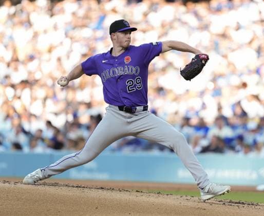 Baseball: Rockies vs. Dodgers Colorado Rockies pitcher Tanner Gordon starts in a baseball game against the Los Angeles Dodgers at Dodger Stadium in Los Angeles on May 25, 2026.  A14AA0005611868P